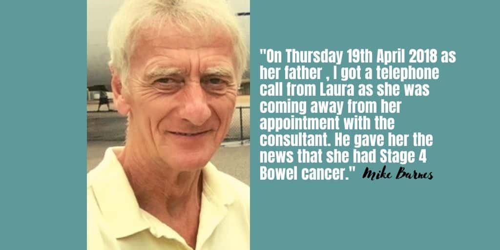 On Thursday 19Th April 2018 As Her Father, I Got A Telephone Call From Laura As She Was Coming Away From Her Appointment With The Consultant. He Gave Her The News That She Had Stage 4 Bowel Cancer. When