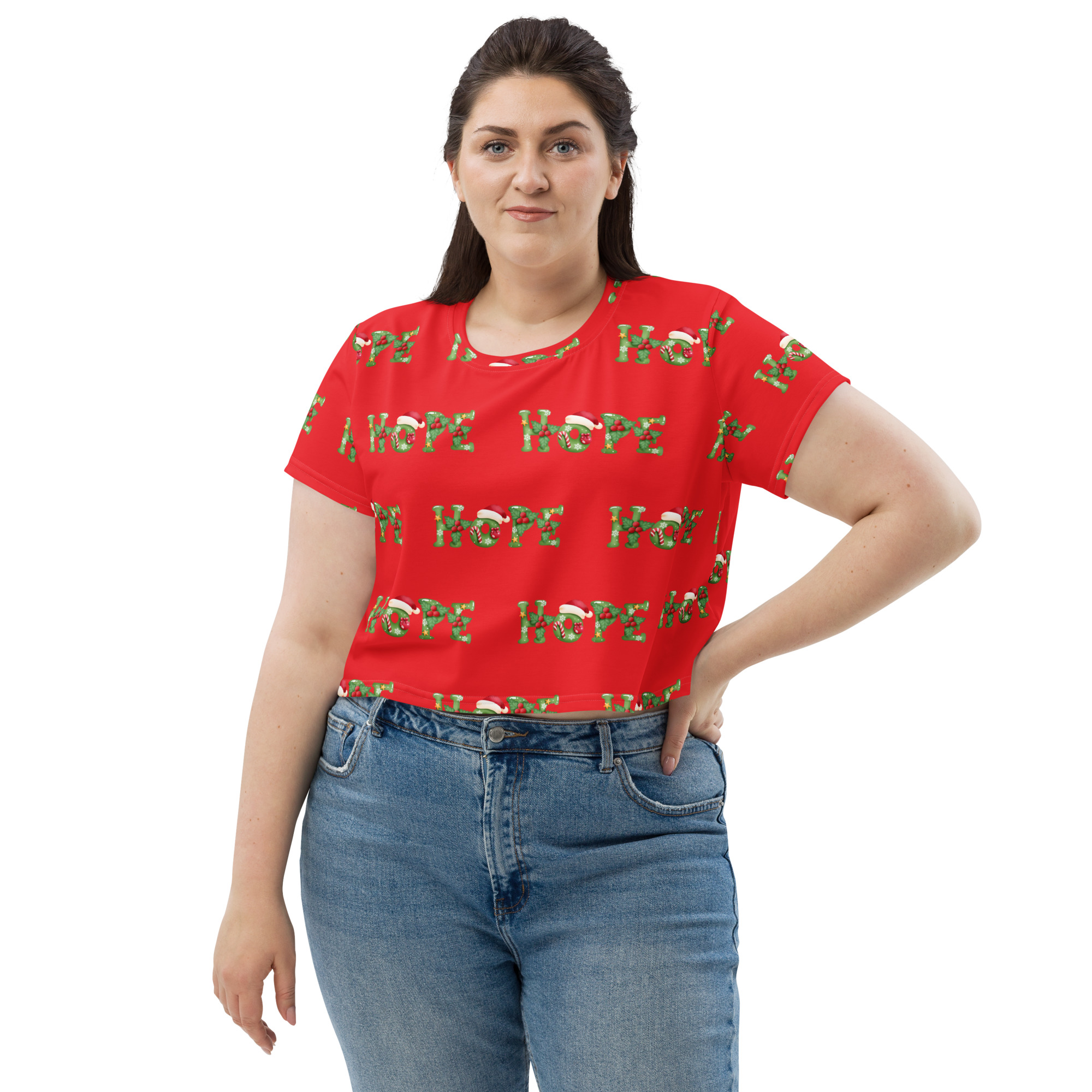 Christmas Cheer All-Over Print Crop Tee - Red "Hope" Edition - Image 2