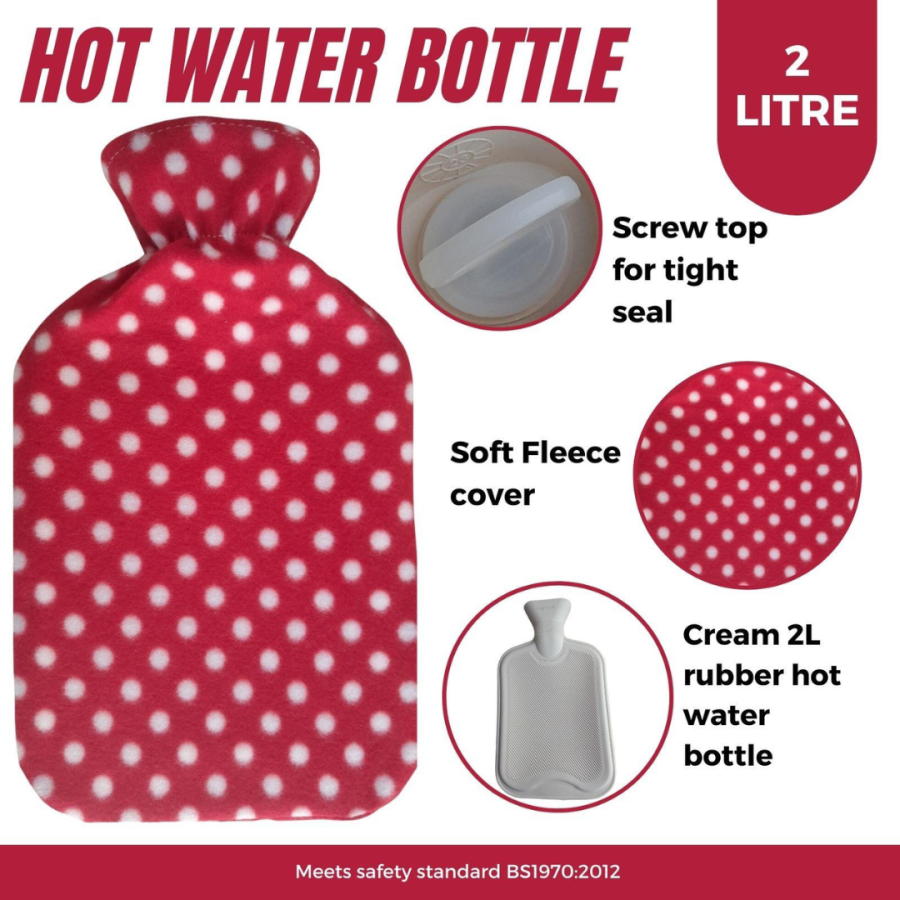 Hot Water Bottle With Polka Dot Fleece Cover 2L