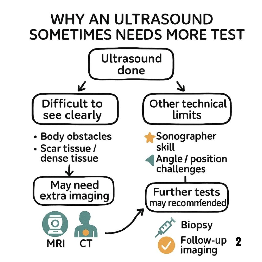 An infographic decision tree showing factors like sonographer skill and body obstacles can lead to the need for further tests like a biopsy.