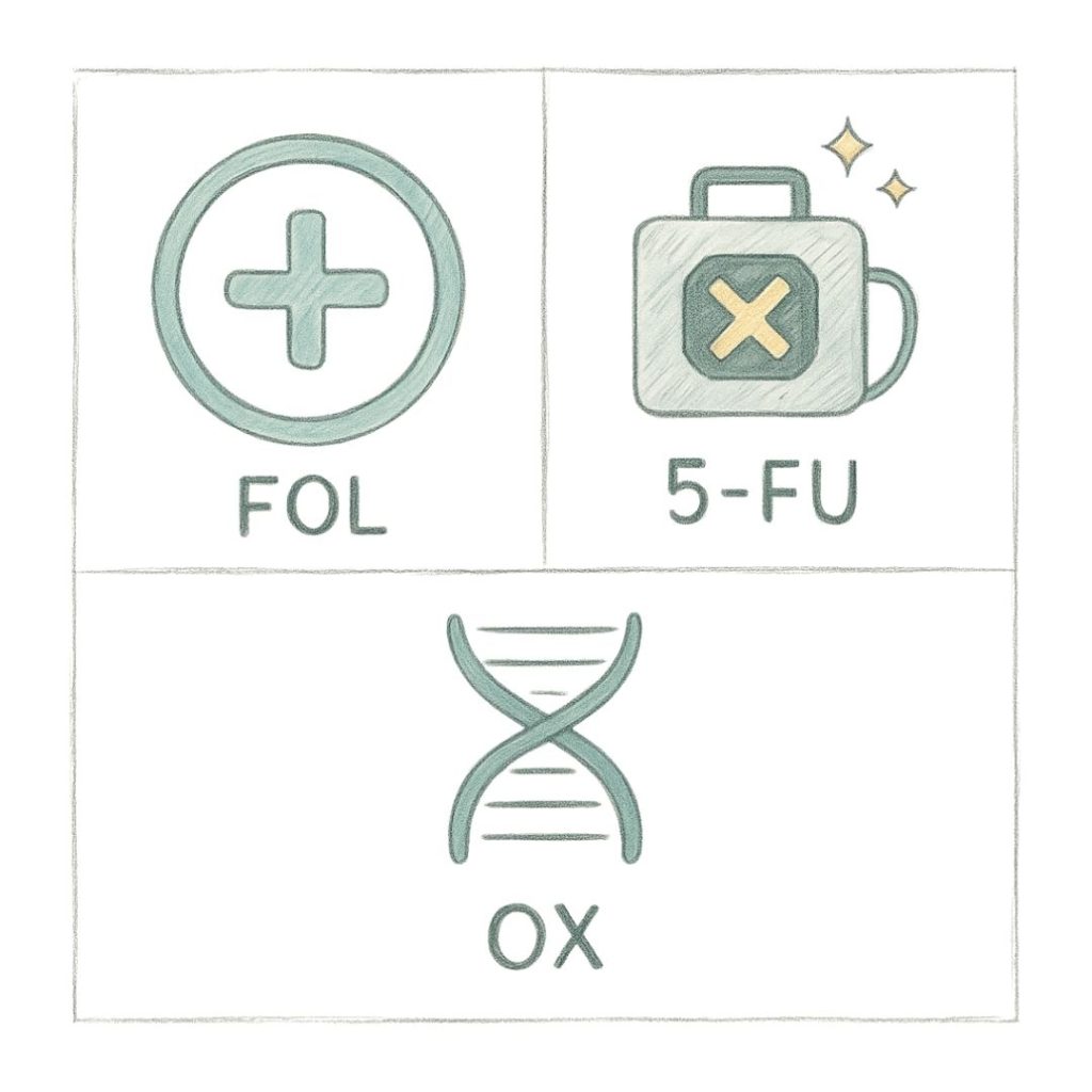 Medical illustration showing FOL, 5-FU chemotherapy drugs, and OX representing FOLFOX cancer treatment regimen