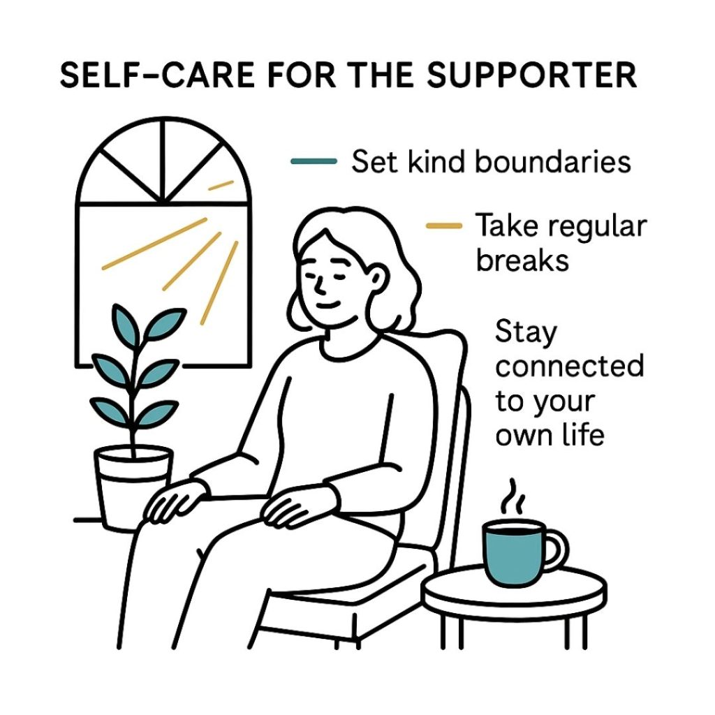 A person sits quietly on a windowsill with a cup of tea, taking a moment for self-care.