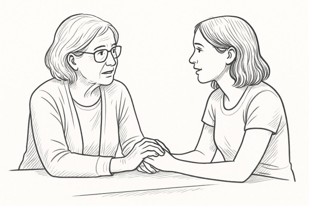 Two people holding hands across a table, having a supportive conversation.