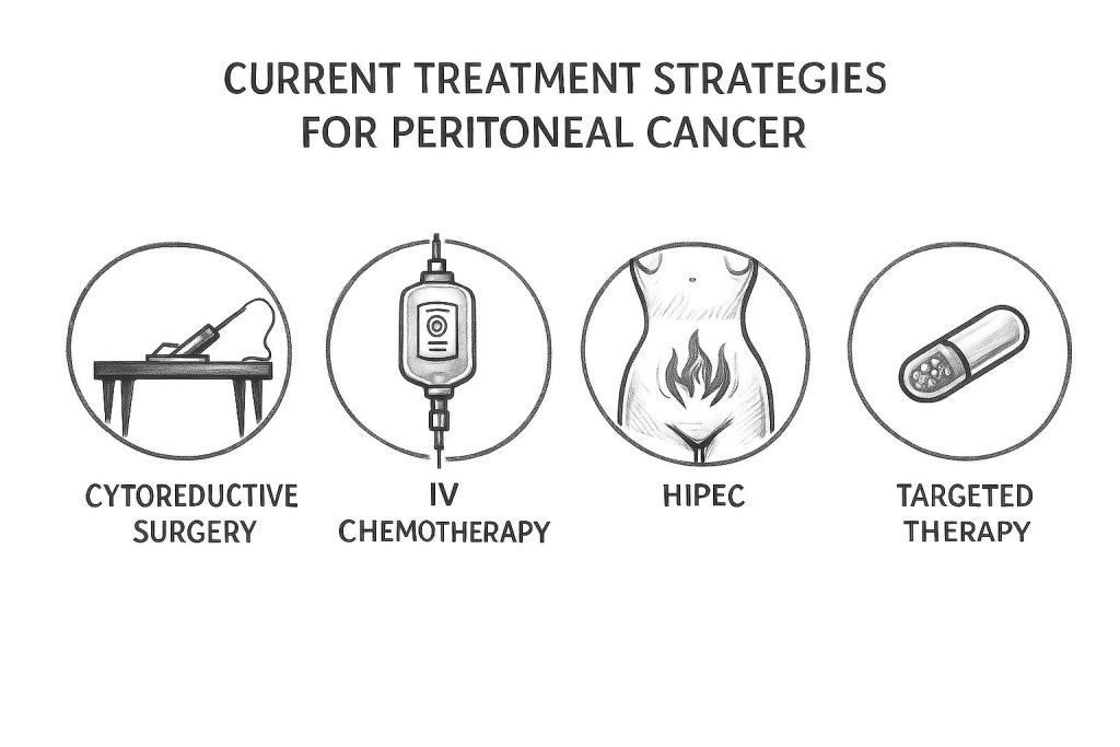 Four medical icons depicting cytoreductive surgery, IV infusion, HIPEC, and targeted therapy options.